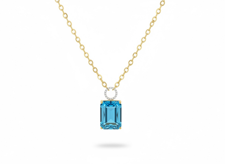 RYAN GEMS INC (Y)14KY 26CT BLT .15CTW DIAMOND, BLUE TOPAZ STEP CUT 17” ELONGATED ROLO LINK NECKLACE