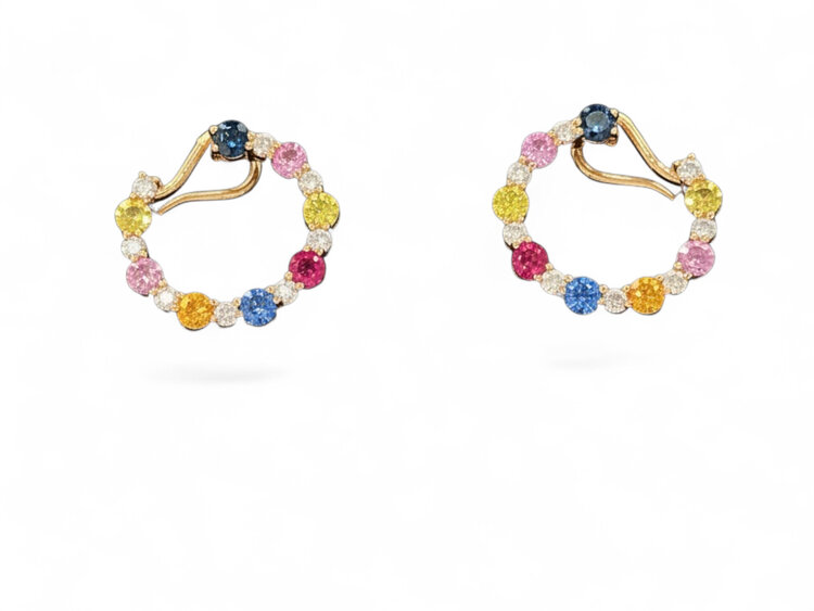 RYAN GEMS INC (Y)18KR 2.90CTW SAPH. MULTI COLOR & .62CTW DIAMOND CIRCLE EARRINGS W/FRENCH BACK