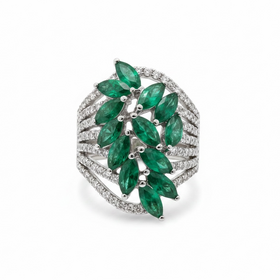 RYAN GEMS INC (Y)14KW 3.25EMR .70DIA LEAF DESIGNED EMERALD RING WITH BANDS OF DIAMONDS