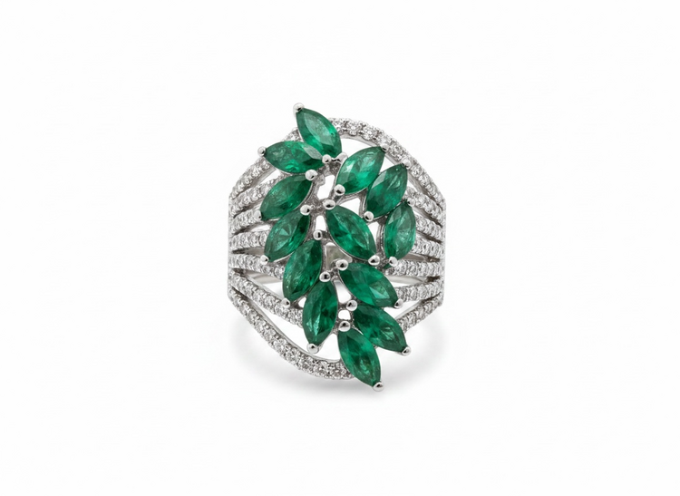 RYAN GEMS INC (Y)14KW 3.25EMR .70DIA LEAF DESIGNED EMERALD RING WITH BANDS OF DIAMONDS