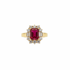RYAN GEMS INC (Y)14KY 1.75RU .76DIA GOLD RING WITH ROUND AND EMERALD CUT DIAMONDS WITH AN EMERALD CUT RUBY CENTER STONE