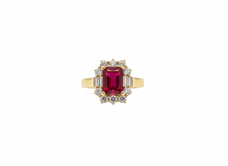 RYAN GEMS INC (Y)14KY 1.75RU .76DIA GOLD RING WITH ROUND AND EMERALD CUT DIAMONDS WITH AN EMERALD CUT RUBY CENTER STONE