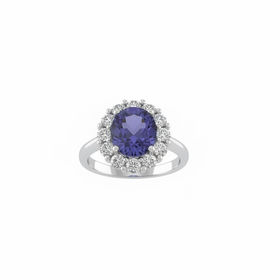 RYAN GEMS INC (Y)18KW 2.50TZ .75DIA ROUND TANZANITE RING WITH A HALO OF ROUND DIAMONDS
