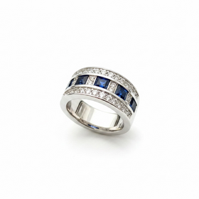 RYAN GEMS INC (Y)14KW 1.15 SAP .38DIA WIDE GOLD RING WITH SQUARE SAPPHIRES AND ROUND DIAMONDS