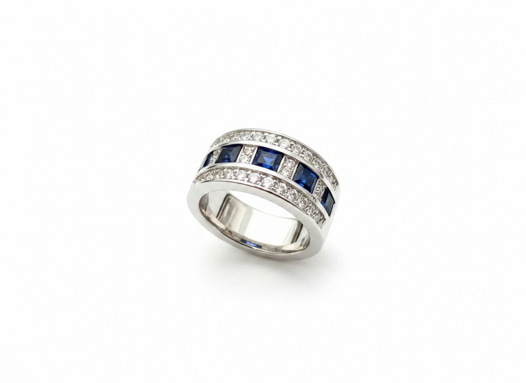 RYAN GEMS INC (Y)14KW 1.15 SAP .38DIA WIDE GOLD RING WITH SQUARE SAPPHIRES AND ROUND DIAMONDS