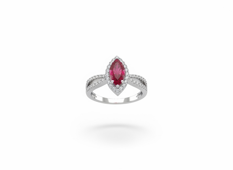 RYAN GEMS INC (R)14KW 1.0RU .40DIA MARQUISE RUBY RING WITH DIAMONDS ON A SPLIT SHANK BAND