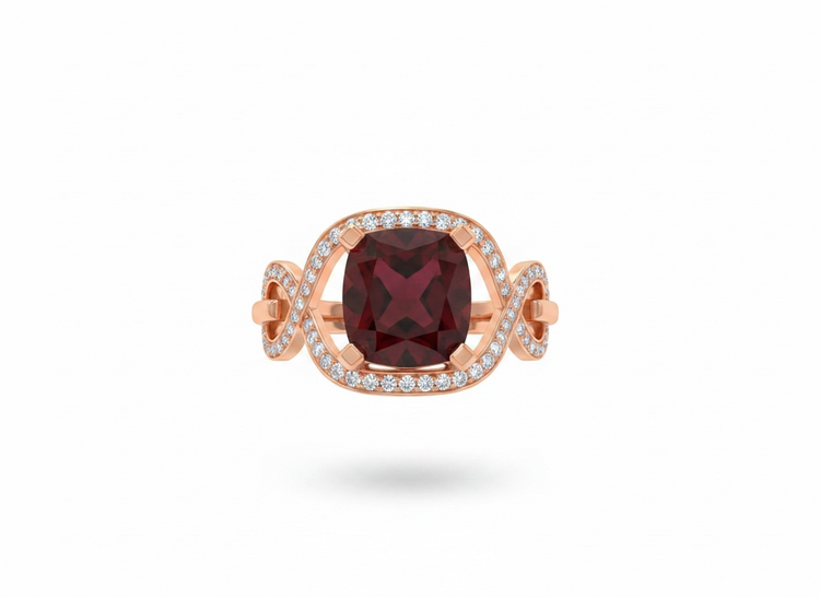 RYAN GEMS INC (Y)14KR 5.0GAR .25DIA TWISTED SPLIT SHANK RING WITH DIAMONDS AND 5 CARAT GARNET CENTER STONE
