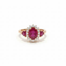 RYAN GEMS INC (Y)14KR 2.50CTW RU .32CTW DIA 3 STONE RUBY W/HALO NAT. DIAMOND ROSE GOLD RING