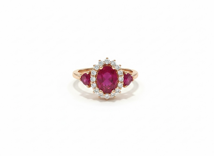 RYAN GEMS INC (Y)14KR 2.50CTW RU .32CTW DIA 3 STONE RUBY W/HALO NAT. DIAMOND ROSE GOLD RING