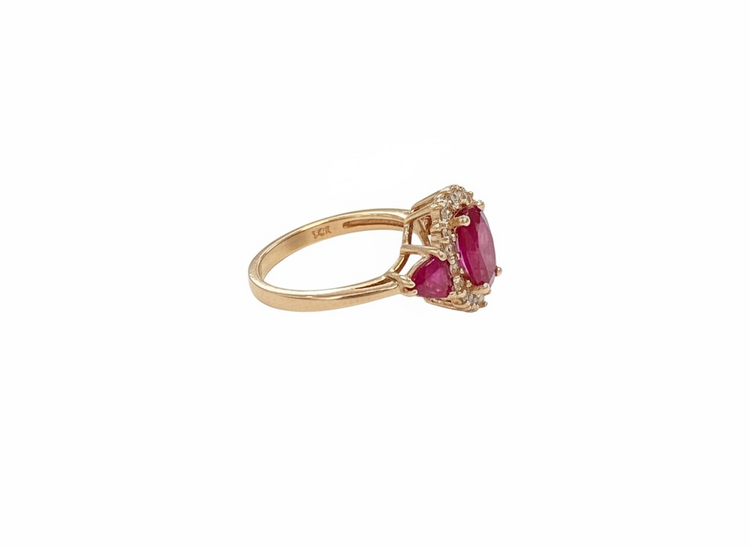 RYAN GEMS INC (Y)14KR 2.50CTW RU .32CTW DIA 3 STONE RUBY W/HALO NAT. DIAMOND ROSE GOLD RING