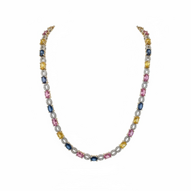 RYAN GEMS INC (X)14K 22.80SAP .38DIA MULTICOLORED SAPPHIRE NECKLACE WITH ALTERNATING COLORS AND DIAMOND OVALS