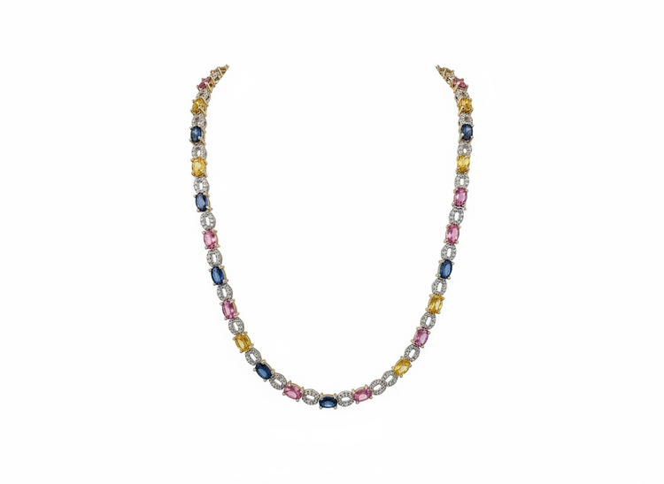 RYAN GEMS INC (X)14K 22.80SAP .38DIA MULTICOLORED SAPPHIRE NECKLACE WITH ALTERNATING COLORS AND DIAMOND OVALS