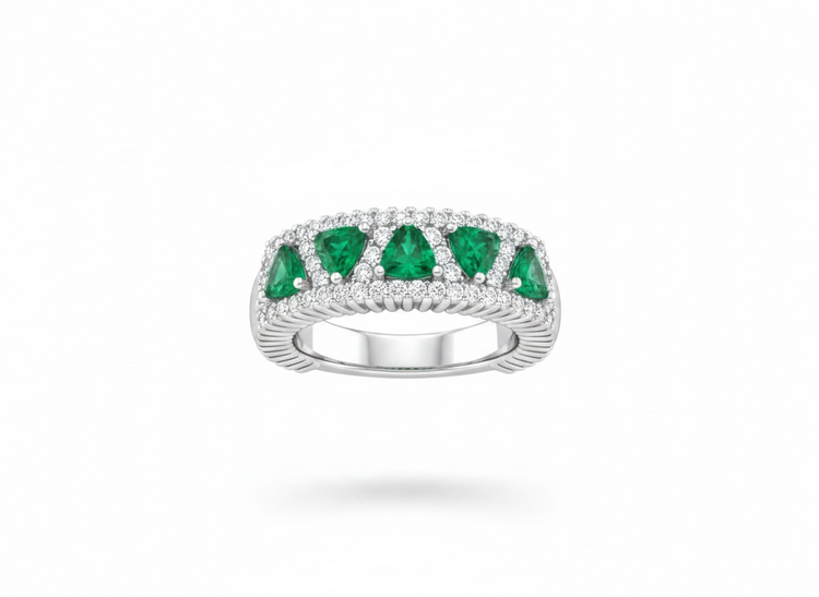 RYAN GEMS INC (R)14KW 2.10EMR .85DIA SEVEN ALTERNATING TRIANGULAR EMERALDS IN A PAVE OF DIAMONDS RING