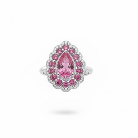 RYAN GEMS INC (Y)14KW 1.90PSAP ANTIQUE STYLE RING WITH ALTERNATING ROWS OF DIAMONDS AND PINK SAPPHIRES, WITH A TEARDROP PINK SAPPHIRE CENTER STONE