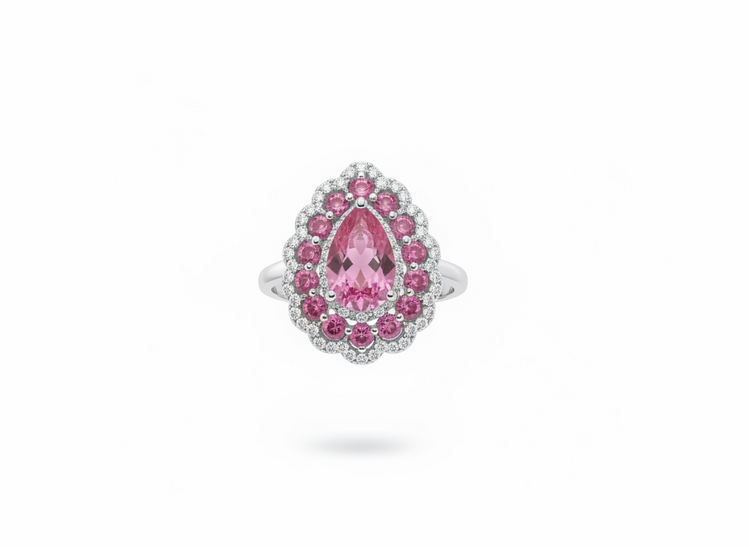 RYAN GEMS INC (Y)14KW 1.90PSAP ANTIQUE STYLE RING WITH ALTERNATING ROWS OF DIAMONDS AND PINK SAPPHIRES, WITH A TEARDROP PINK SAPPHIRE CENTER STONE