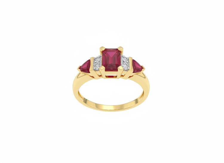 RYAN GEMS INC (R)18KY 1.80RU .20DIA TRI-STONE RUBIES WITH ROUND DIAMOND ACCENTS