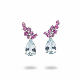RYAN GEMS INC (Y)14KW 8.05SAP&AQ DANGLE EARRINGS WITH LARGE TEARDROP AQUAMARINE WITH CLUSTER OF ROUND PINK SAPPHIRES