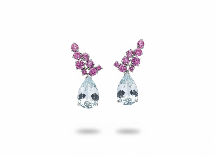 RYAN GEMS INC (Y)14KW 8.05SAP&AQ DANGLE EARRINGS WITH LARGE TEARDROP AQUAMARINE WITH CLUSTER OF ROUND PINK SAPPHIRES