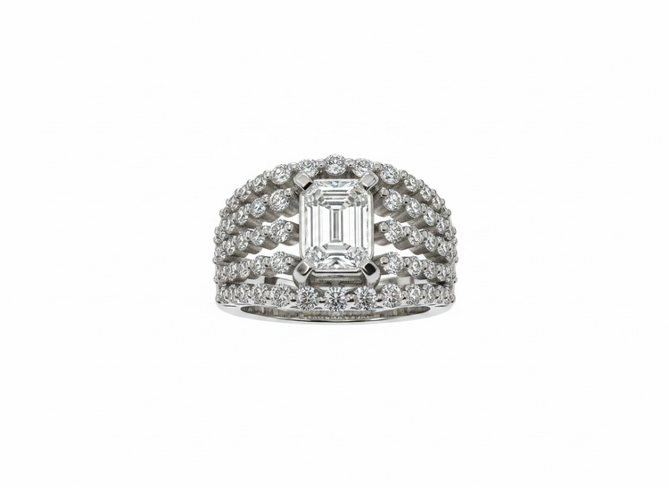 RYAN GEMS INC (Y)14KW 1.65DIA BEADED STYLE DIAMOND RING WITH EMERALD CUT BEVEL SET CENTER DIAMOND
