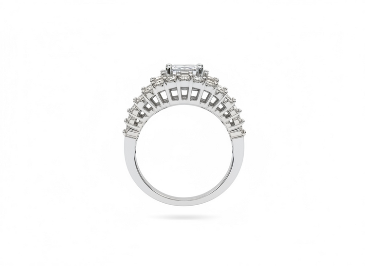 RYAN GEMS INC (Y)14KW 1.65DIA BEADED STYLE DIAMOND RING WITH EMERALD CUT BEVEL SET CENTER DIAMOND