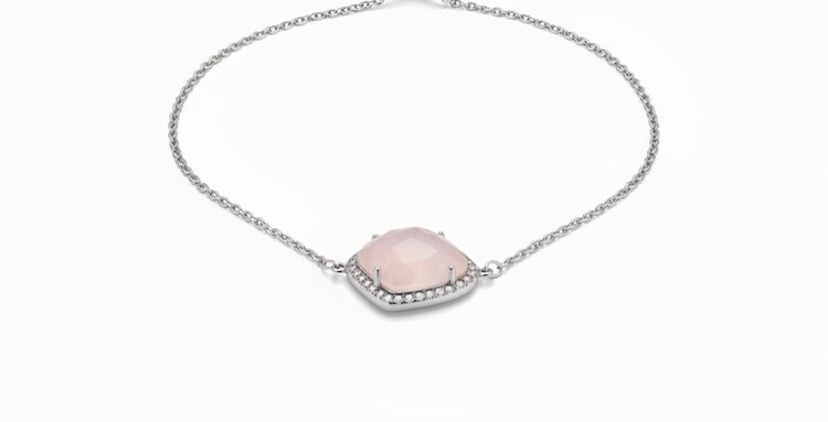 (Y)925 .20DIA ROSE QZ  EASY ADJUSTABLE SILVER BRACELET WITH ROSE QUARTZ CHUNK SURROUNDED BY NATURAL DIAMONDS