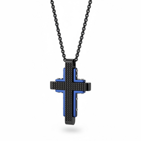 BLACKJACK (Y)BJ  BLUE STEEL TEXTURED CROSS WHEAT CHAIN NECKLACE