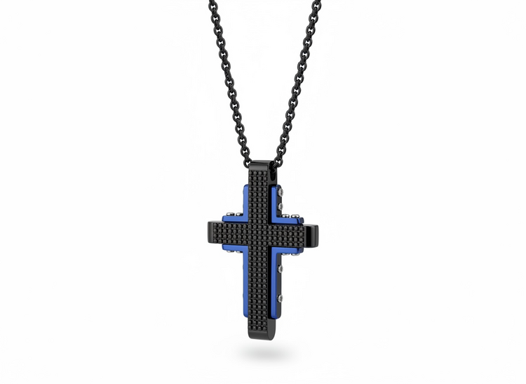 BLACKJACK (Y)BJ  BLUE STEEL TEXTURED CROSS WHEAT CHAIN NECKLACE
