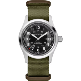 HAMILTON HAMILTON KHAKI FIELD CALL OF DUTY H70475930, Caliber H-10 Collection Khaki Field Movement Automatic Watch Function Date Case size 38mm Thickness (mm) 11 Dial color Black Case material Stainless steel Crystal Sapphire Lug to lug 45mm Lug width 20mm