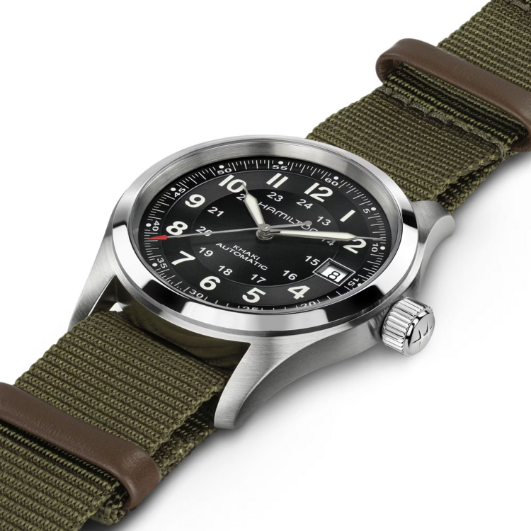 HAMILTON HAMILTON KHAKI FIELD CALL OF DUTY H70475930, Caliber H-10 Collection Khaki Field Movement Automatic Watch Function Date Case size 38mm Thickness (mm) 11 Dial color Black Case material Stainless steel Crystal Sapphire Lug to lug 45mm Lug width 20mm