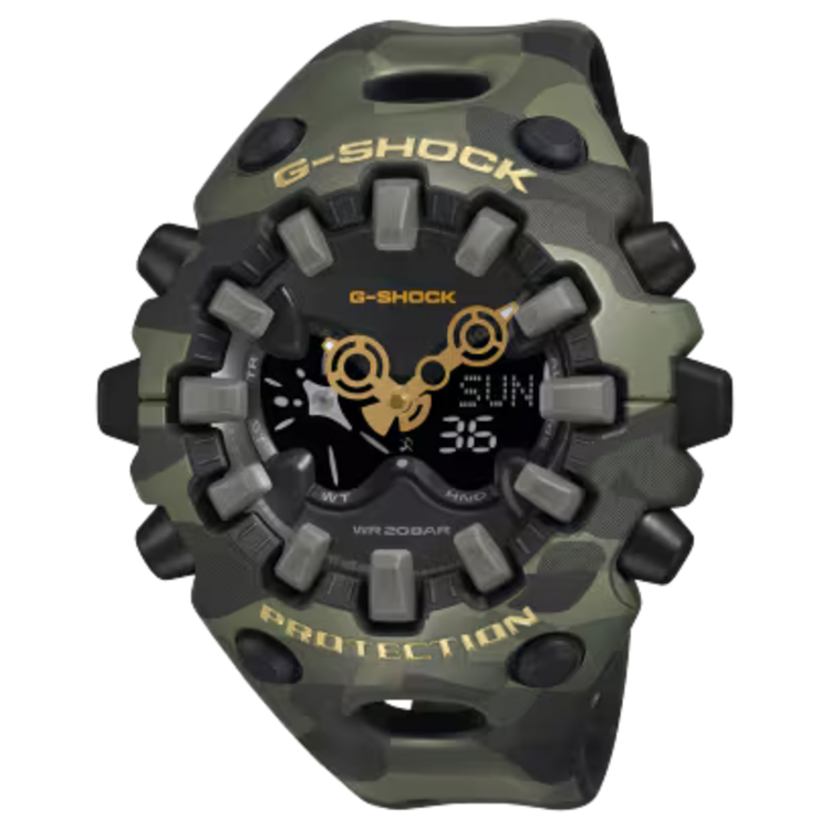 G-SHOCK G-SHOCK GAV01CMG-3A, Case size (L× W× H) icon-question for Case size (L× W× H) 49.1 × 58.2 × 19.6 mm Weight 74 g Case and bezel material Resin Band Resin Band Construction Shock Resistant Water resistance 200-meter water resistance