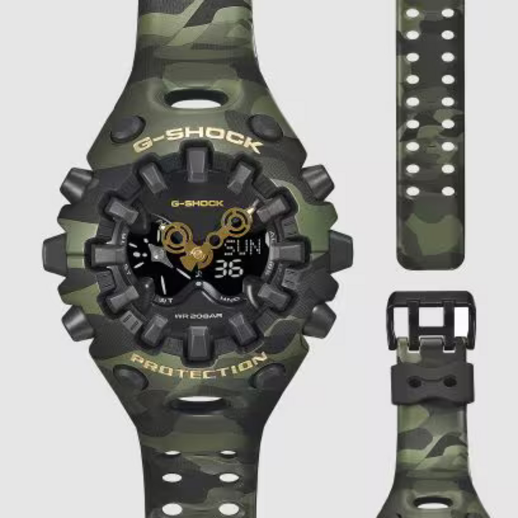 G-SHOCK G-SHOCK GAV01CMG-3A, Case size (L× W× H) icon-question for Case size (L× W× H) 49.1 × 58.2 × 19.6 mm Weight 74 g Case and bezel material Resin Band Resin Band Construction Shock Resistant Water resistance 200-meter water resistance