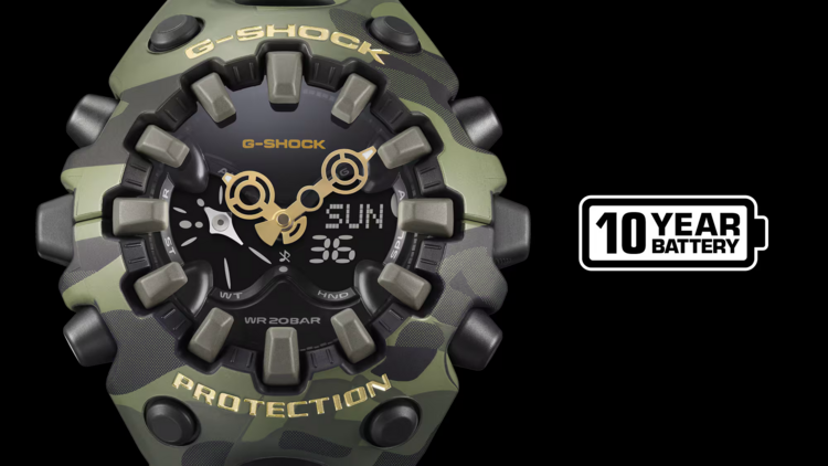 G-SHOCK G-SHOCK GAV01CMG-3A, Case size (L× W× H) icon-question for Case size (L× W× H) 49.1 × 58.2 × 19.6 mm Weight 74 g Case and bezel material Resin Band Resin Band Construction Shock Resistant Water resistance 200-meter water resistance