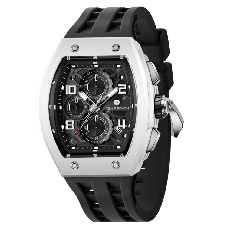 TSAR BOMBA TSAR BOMBA Elemental–TB8224B, Size(unit:mm) 44.8(W)x51.5(H)x14.5(T) Strap Size(unit:mm) 210(L)x26(W) Weight 95 G Bezel Material Bio-ceramic Case Material Bio-ceramic Crystal Material Sapphire Water Resistance 5 ATM/5 BAR Luminous Grade A Movement Seiko/Qu
