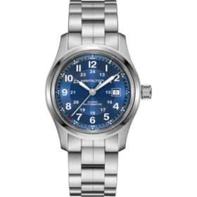 HAMILTON KHAKI FIELD H70605140, Caliber H-10 Collection Khaki Field Movement Automatic Case size 42mm Thickness (mm) 11 Dial color Blue Case material Stainless steel Crystal Sapphire Lug to lug 53mm Lug width 22mm Power reserve 80 hour