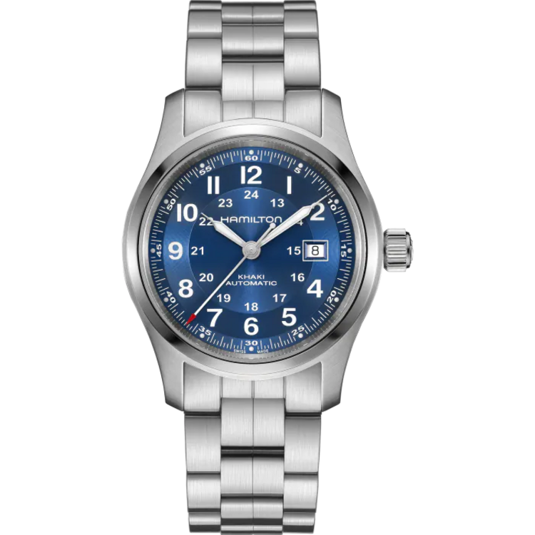 HAMILTON KHAKI FIELD H70605140, Caliber H-10 Collection Khaki Field Movement Automatic Case size 42mm Thickness (mm) 11 Dial color Blue Case material Stainless steel Crystal Sapphire Lug to lug 53mm Lug width 22mm Power reserve 80 hour