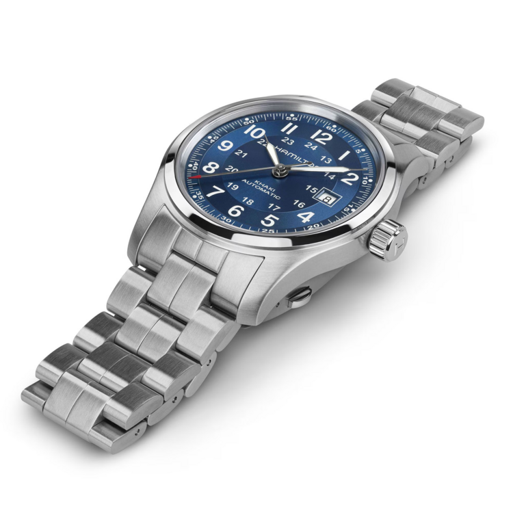 HAMILTON KHAKI FIELD H70605140, Caliber H-10 Collection Khaki Field Movement Automatic Case size 42mm Thickness (mm) 11 Dial color Blue Case material Stainless steel Crystal Sapphire Lug to lug 53mm Lug width 22mm Power reserve 80 hour