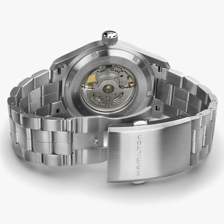 HAMILTON KHAKI FIELD H70605140, Caliber H-10 Collection Khaki Field Movement Automatic Case size 42mm Thickness (mm) 11 Dial color Blue Case material Stainless steel Crystal Sapphire Lug to lug 53mm Lug width 22mm Power reserve 80 hour