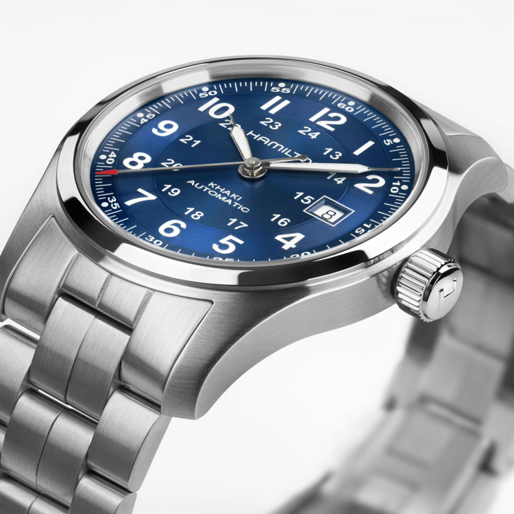 HAMILTON KHAKI FIELD H70605140, Caliber H-10 Collection Khaki Field Movement Automatic Case size 42mm Thickness (mm) 11 Dial color Blue Case material Stainless steel Crystal Sapphire Lug to lug 53mm Lug width 22mm Power reserve 80 hour