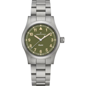 HAMILTON HAMILTON KHAKI FIELD, Reference H69401160 Caliber F06.105 Collection Khaki Field Movement Quartz Case size 38mm Thickness (mm) 8.3 Dial color Green Case material Stainless steel Crystal Sapphire Lug to lug 46mm Lug width 20mm, 80 HR POWER RESERVE