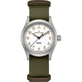 HAMILTON HAMILTON KHAKI FIELD, Reference H69401910 Caliber F06.105 Collection Khaki Field Movement Quartz Case size 38mm Thickness (mm) 8.3 Dial color White Case material Stainless steel Crystal Sapphire Lug to lug 46mm Lug width 20mm