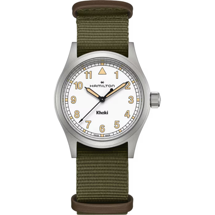 HAMILTON HAMILTON KHAKI FIELD, Reference H69401910 Caliber F06.105 Collection Khaki Field Movement Quartz Case size 38mm Thickness (mm) 8.3 Dial color White Case material Stainless steel Crystal Sapphire Lug to lug 46mm Lug width 20mm