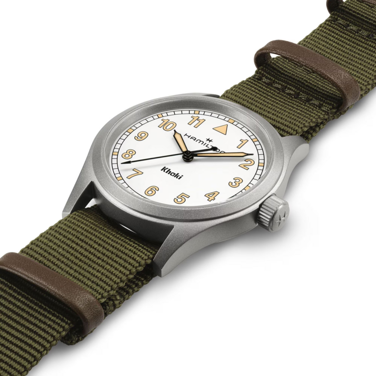 HAMILTON HAMILTON KHAKI FIELD, Reference H69401910 Caliber F06.105 Collection Khaki Field Movement Quartz Case size 38mm Thickness (mm) 8.3 Dial color White Case material Stainless steel Crystal Sapphire Lug to lug 46mm Lug width 20mm