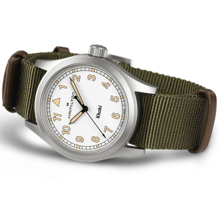 HAMILTON HAMILTON KHAKI FIELD, Reference H69401910 Caliber F06.105 Collection Khaki Field Movement Quartz Case size 38mm Thickness (mm) 8.3 Dial color White Case material Stainless steel Crystal Sapphire Lug to lug 46mm Lug width 20mm