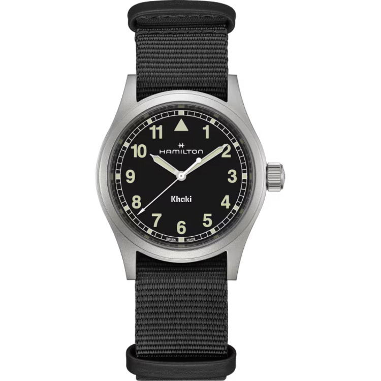 HAMILTON HAMILTON Reference H69401430 Caliber F06.105 Collection Khaki Field Movement Quartz Case size 38mm Thickness (mm) 8.3 Dial color Black Case material Stainless steel Crystal Sapphire Lug to lug 46mm Lug width 20mm