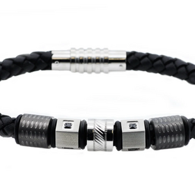 BLACKJACK (Y)BJ STEEL & CZ LEATH Mens Black Leather And Stainless Steel Bracelet With Black Cubic Zirconia