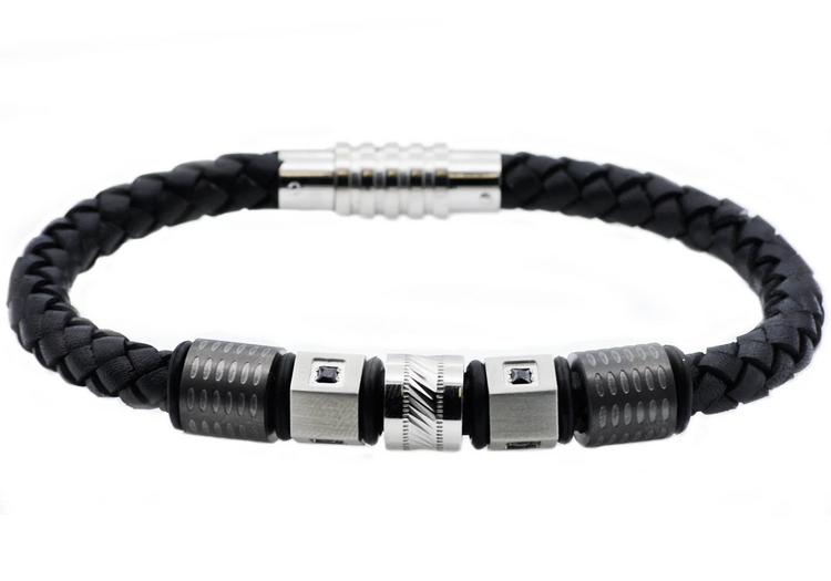 BLACKJACK (Y)BJ STEEL & CZ LEATH Mens Black Leather And Stainless Steel Bracelet With Black Cubic Zirconia