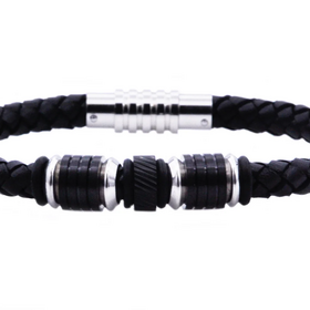 BLACKJACK (Y)BJ STEEL & LEATH Mens Black Leather And Stainless Steel Bracelet