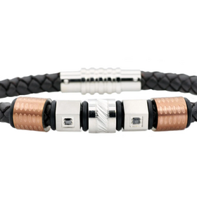 BLACKJACK (Y)BJ STEEL & CZ IN LEATHER MENS BRACELET