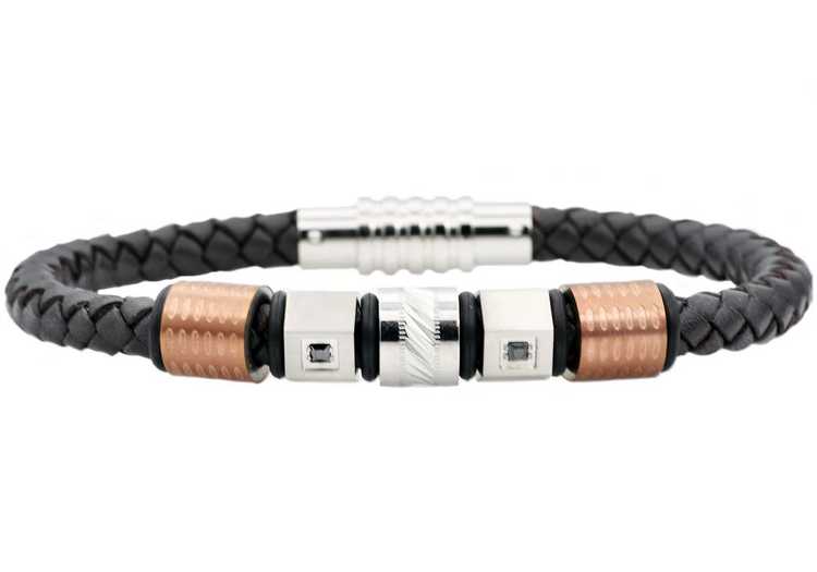 BLACKJACK (Y)BJ STEEL & CZ IN LEATHER MENS BRACELET