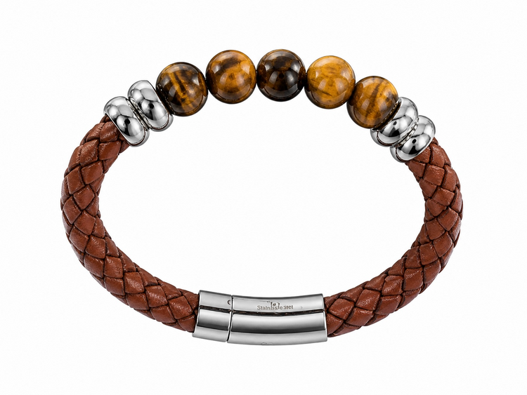 BLACKJACK (Y)BJ TIGER EYE & STAINLESS STEEL WITH LEATHER MENS BRACELET